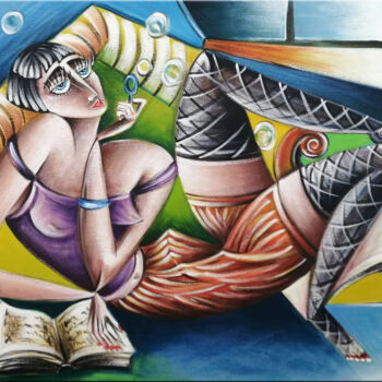 Painting titled "Woman Chillout #M198" by Thomas Lange, Original Artwork, Oil Mounted on Wood Stretcher frame