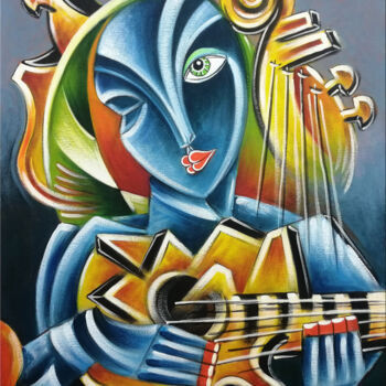Painting titled "Guitarist Woman #M1…" by Thomas Lange, Original Artwork, Oil Mounted on Wood Stretcher frame