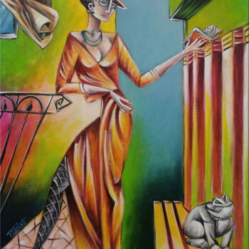 Painting titled "Woman Chillout #M225" by Thomas Lange, Original Artwork, Oil Mounted on Wood Stretcher frame