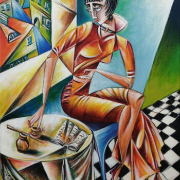 Painting titled "Woman Chillout #M242" by Thomas Lange, Original Artwork, Oil Mounted on Wood Stretcher frame