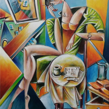 Painting titled "Woman Chillout #M244" by Thomas Lange, Original Artwork, Oil Mounted on Wood Stretcher frame