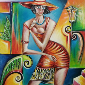 Painting titled "Woman Chillout #M247" by Thomas Lange, Original Artwork, Oil Mounted on Wood Stretcher frame