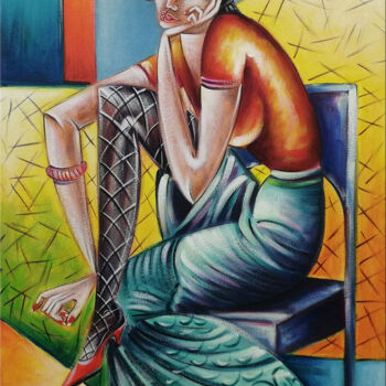 Painting titled "Woman Chillout #M248" by Thomas Lange, Original Artwork, Oil Mounted on Wood Stretcher frame