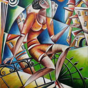 Painting titled "Woman Chillout #M250" by Thomas Lange, Original Artwork, Oil Mounted on Wood Stretcher frame