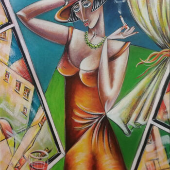 Painting titled "Woman Chillout #M252" by Thomas Lange, Original Artwork, Oil Mounted on Wood Stretcher frame