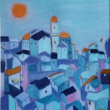 Schilderij getiteld "French Hilltop Town…" door Thomas Patchell, Origineel Kunstwerk, Pastel