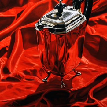Malerei mit dem Titel "Kanne auf rotem Tuc…" von Thomas Kaemmerer, Original-Kunstwerk