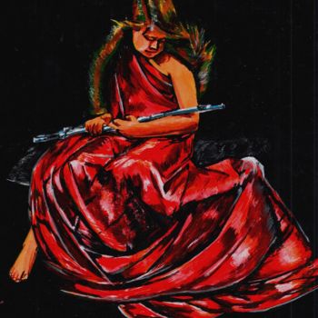 Peinture intitulée "La niña y la flauta" par Thommy, Œuvre d'art originale, Tempera