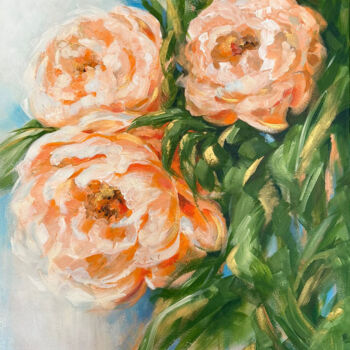 Painting titled ""SOLAR PEONIES"" by Tiana Karapetian, Original Artwork, Acrylic Mounted on Wood Stretcher frame
