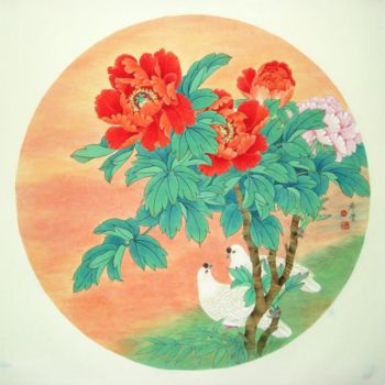 Pittura intitolato "红霞祥和" da Tian Xi Feng, Opera d'arte originale, Olio