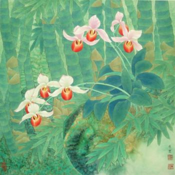 Peinture intitulée "竹林清幽" par Tian Xi Feng, Œuvre d'art originale, Huile
