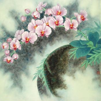Painting titled "雾中蝶舞" by Tian Xi Feng, Original Artwork, Oil