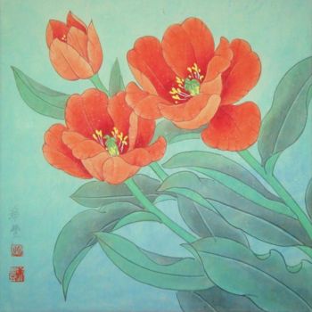 Peinture intitulée "郁金香" par Tian Xi Feng, Œuvre d'art originale, Huile