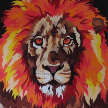 Painting titled "LION à crinière rou…" by Tiffany M, Original Artwork, Acrylic Mounted on Wood Stretcher frame