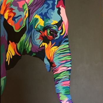 「ELEPHANT HEUREUX」というタイトルの絵画 Tiffany Mによって, オリジナルのアートワーク, アクリル ウッドストレッチャーフレームにマウント