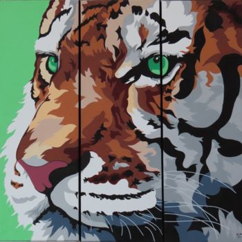 Malarstwo zatytułowany „TIGRE AUX YEUX VERTS” autorstwa Tiffany M, Oryginalna praca, Akryl Zamontowany na Drewniana rama nos…