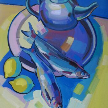 Painting titled "Still life with fis…" by Tigran Avetyan, Original Artwork, Oil