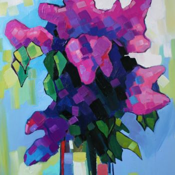 Painting titled "Lilac flowers (50x8…" by Tigran Aveyan, Original Artwork, Oil Mounted on Wood Stretcher frame