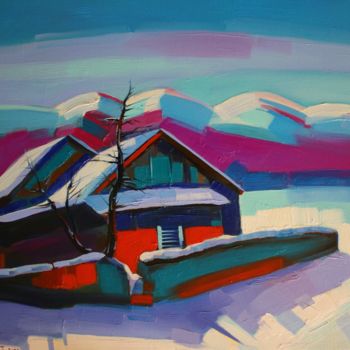Painting titled "Winter in village-2…" by Tigran Aveyan, Original Artwork, Oil Mounted on Wood Stretcher frame
