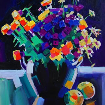 Painting titled "Field flowers and a…" by Tigran Aveyan, Original Artwork, Oil Mounted on Wood Stretcher frame