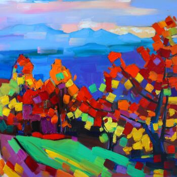 Painting titled "Autumn landscape (5…" by Tigran Aveyan, Original Artwork, Oil Mounted on Wood Stretcher frame