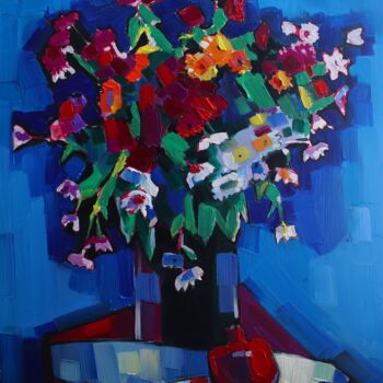 Painting titled "Field flowers and p…" by Tigran Aveyan, Original Artwork, Oil Mounted on Wood Stretcher frame