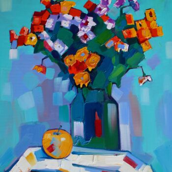 Painting titled "Field flowers and a…" by Tigran Aveyan, Original Artwork, Oil Mounted on Wood Stretcher frame