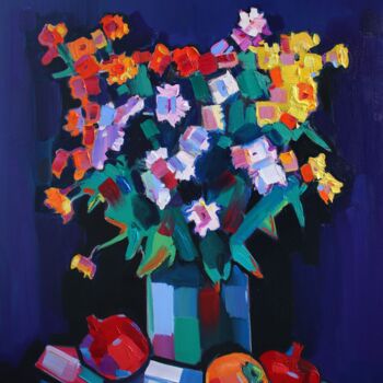 Painting titled "Field flowers and p…" by Tigran Aveyan, Original Artwork, Oil Mounted on Wood Stretcher frame