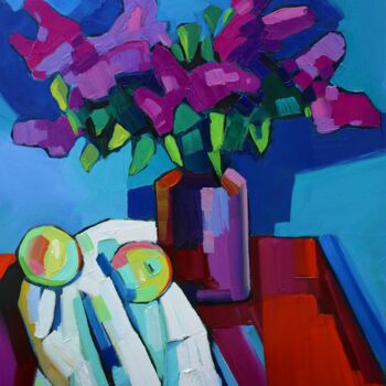 Painting titled "Still life lilac fl…" by Tigran Aveyan, Original Artwork, Oil Mounted on Wood Stretcher frame