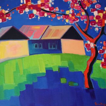 Painting titled "Spring in the villa…" by Tigran Aveyan, Original Artwork, Oil Mounted on Wood Stretcher frame