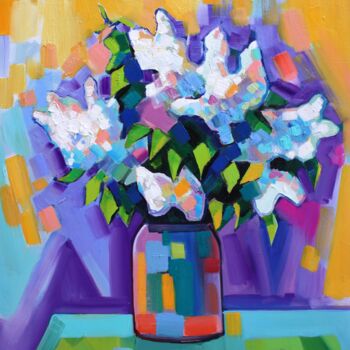 Painting titled "Lilac flowers (50x5…" by Tigran Aveyan, Original Artwork, Oil Mounted on Wood Stretcher frame