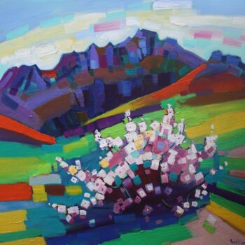 Painting titled "Spring in the mount…" by Tigran Aveyan, Original Artwork, Oil Mounted on Wood Stretcher frame