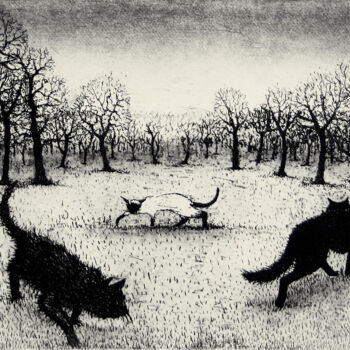 「Prowling Cats」というタイトルの製版 Tim Southallによって, オリジナルのアートワーク, エッチング
