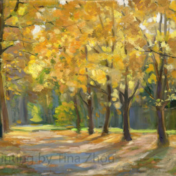 Painting titled "Gold Autumn Path" by Tina Zhou, Original Artwork, Oil