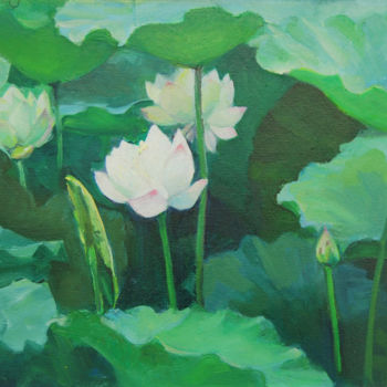 Картина под названием "Lotus Oil Painting" - Tina Zhou, Подлинное произведение искусства, Масло