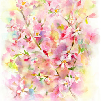 Pintura intitulada "Cherry blossom in s…" por Tina Zhou, Obras de arte originais, Aquarela