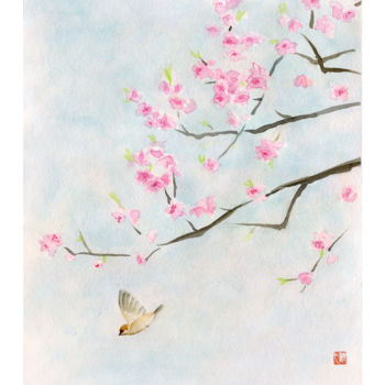 Schilderij getiteld "Cherry blossom bran…" door Tina Zhou, Origineel Kunstwerk, Aquarel