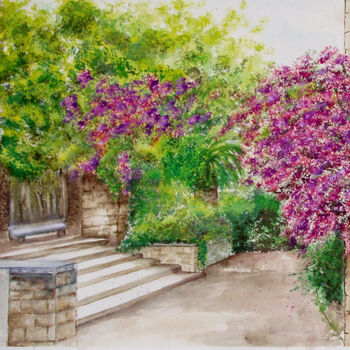 Pintura intitulada "Jardin d'Andalousie…" por Tina Verpoorten, Obras de arte originais, Aquarela