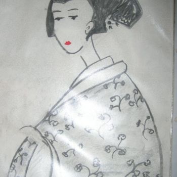 Zeichnungen mit dem Titel "fantaisie geisha" von Tina M. De Montorge, Original-Kunstwerk, Graphit