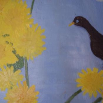 Peinture intitulée "Цветы и птичка" par Tina Shmidt, Œuvre d'art originale