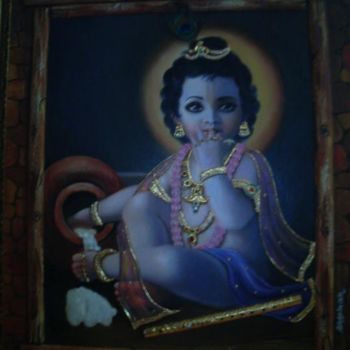 Painting titled "Krishna having butt…" by Alka Sagar, Original Artwork