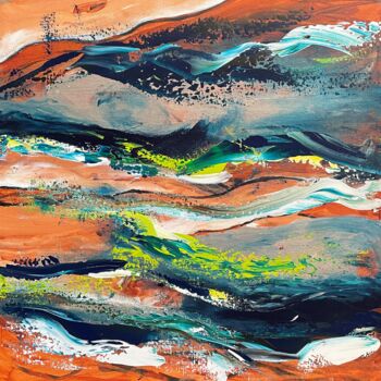 Painting titled "Landscape turquoise…" by Tiny De Bruin, Original Artwork, Acrylic Mounted on Wood Panel