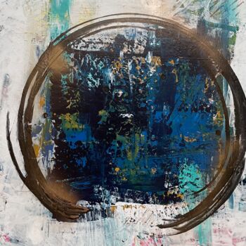Painting titled "Golden enso in blue" by Tiny De Bruin, Original Artwork, Acrylic Mounted on Wood Stretcher frame
