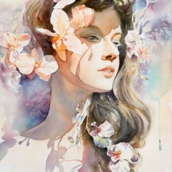 Painting titled "Orchid in the Sun -…" by Tiny Pochi, Original Artwork, Watercolor