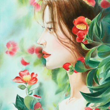Painting titled "Camellia Girl - La…" by Tiny Pochi, Original Artwork, Watercolor