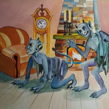 Pintura intitulada ",,Devils''Halloween" por Irina Tischenko, Obras de arte originais, Aquarela