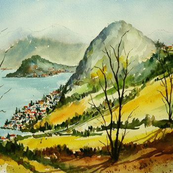 Pittura intitolato "Paesaggio lariano" da Tito Fornasiero, Opera d'arte originale, Acquarello