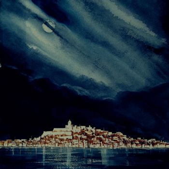 Pintura intitulada "La notte, la luna,…" por Tito Fornasiero, Obras de arte originais, Aquarela