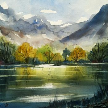 Schilderij getiteld "Lago alpino" door Tito Fornasiero, Origineel Kunstwerk, Aquarel