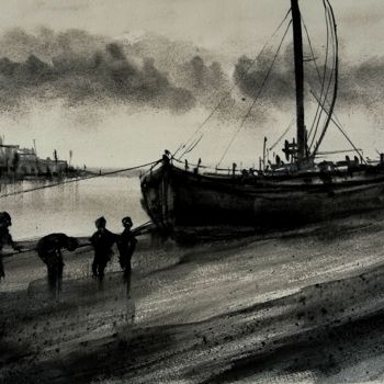 Pittura intitolato "Il barcone" da Tito Fornasiero, Opera d'arte originale, Acquarello